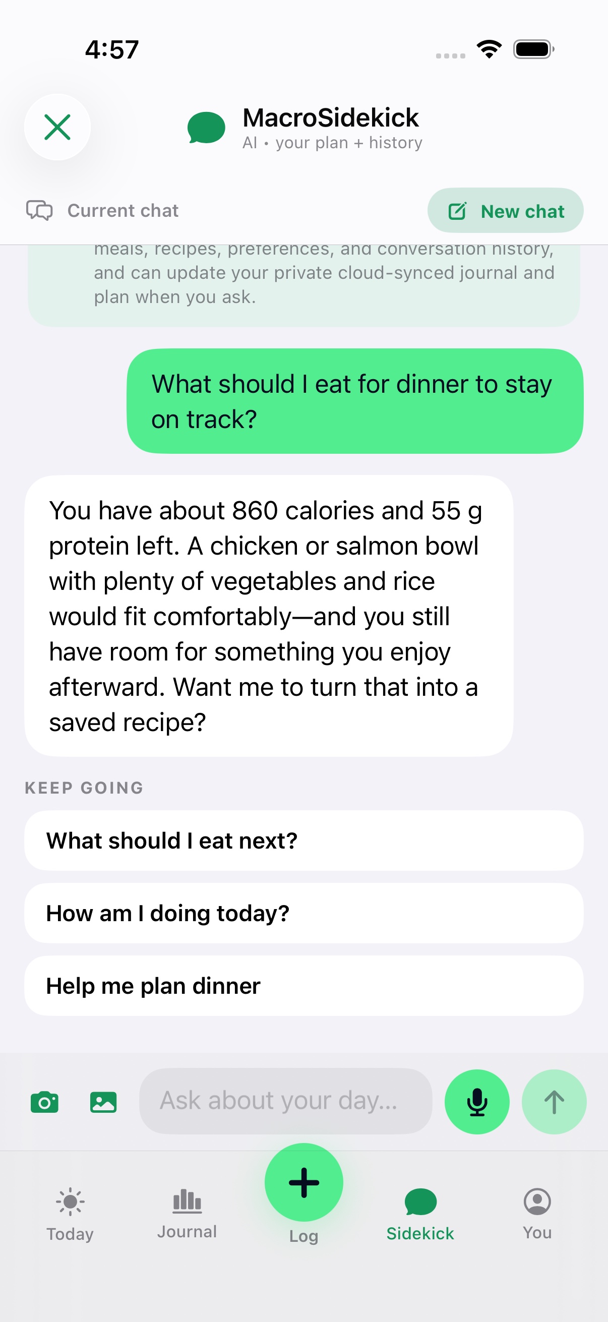 MacroSidekick AI coaching conversation