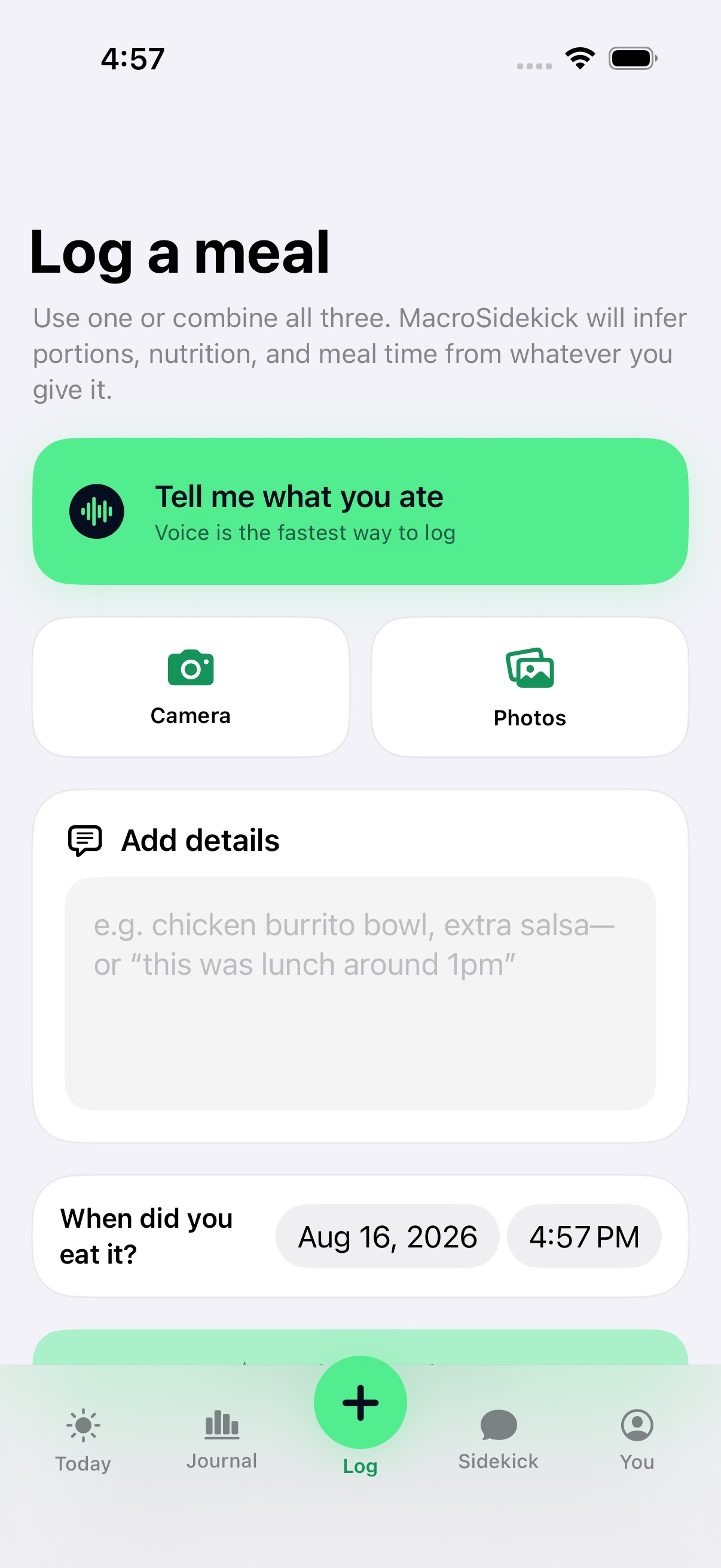 MacroSidekick voice-first meal logging screen