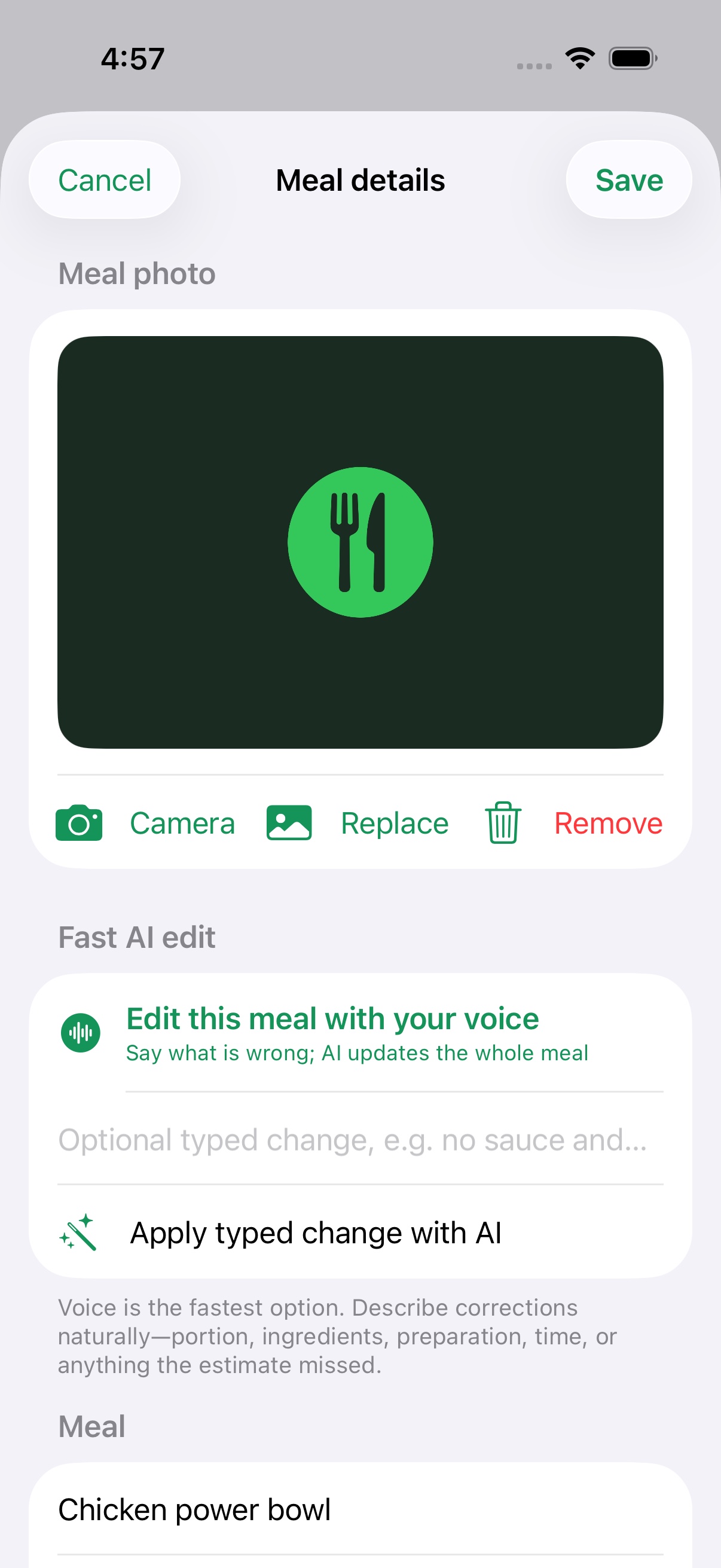 MacroSidekick meal details with voice-powered AI editing